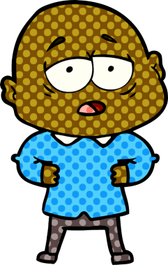 Bir insan tarafından çizilmiş yorgun, kel bir adam.