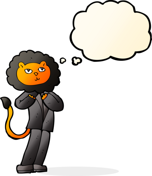 Bir insan tarafından çizilmiş düşünce baloncuğu olan bir aslan işadamı.