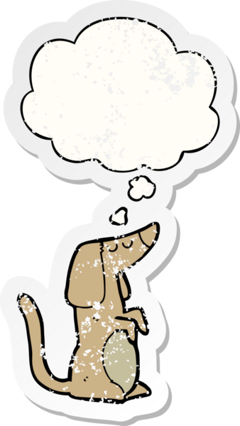 Düşünce baloncuğu olan çizgi film köpeği insan tarafından çizilmiş yıpranmış bir çıkartma gibi.