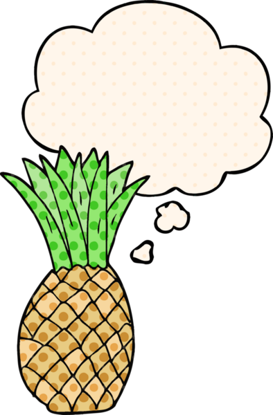 Çizgi roman tarzında bir insan tarafından çizilmiş düşünce baloncuklu çizgi film ananası.