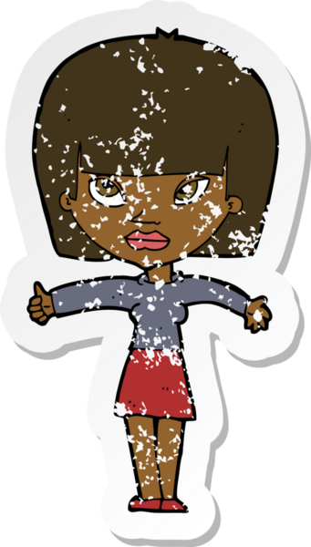 Bir insan tarafından çizilmiş baş parmak işareti veren karikatürlü bir kadının gerilimli retro çıkartması.