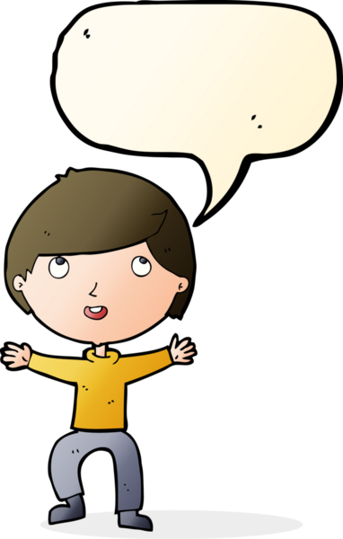 Bir insan tarafından çizilmiş konuşma balonu olan mutlu bir çocuk.