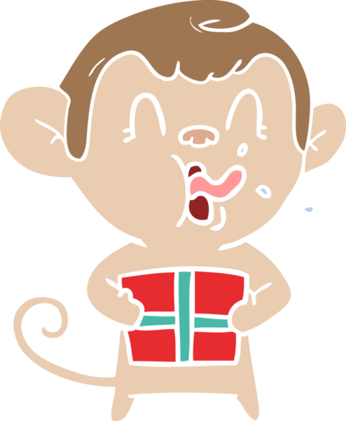 Çılgın düz renkli çizgi film maymunu Noel hediyesi olarak bir insan tarafından çizilmiş.