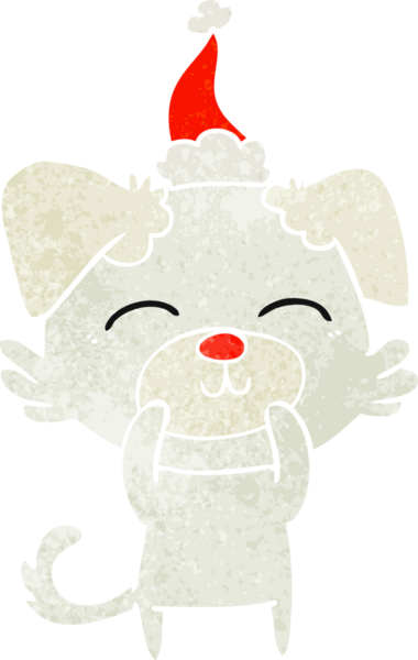Bir insan tarafından çizilmiş Noel Baba şapkası takan bir köpeğin retro karikatürü.