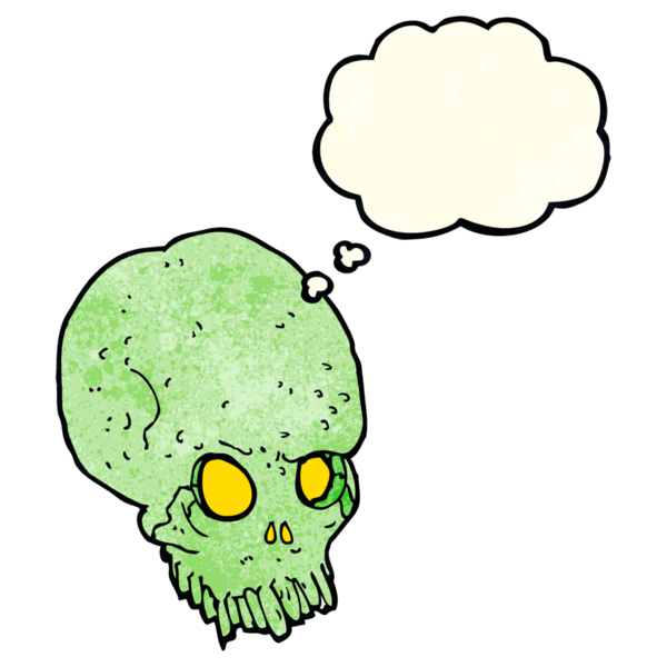 Bir insan tarafından çizilmiş düşünce baloncuklu garip kafatası.