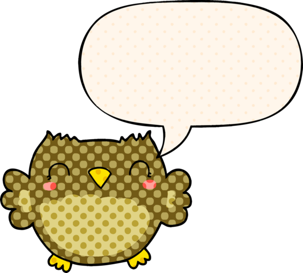 Bir insan tarafından çizilmiş çizgi roman tarzında konuşma balonu olan sevimli bir baykuş.
