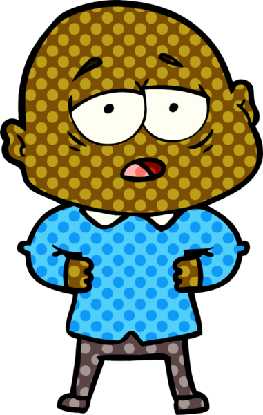 Bir insan tarafından çizilmiş yorgun, kel bir adam.