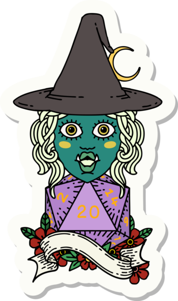 Bir insan tarafından çizilmiş 20 zarlı yarım ork büyücüsünün çıkartması.