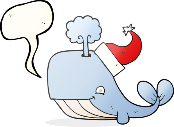 Bir insan tarafından çizilmiş Noel şapkası giyen balina serbest konuşma balonu çizimi.