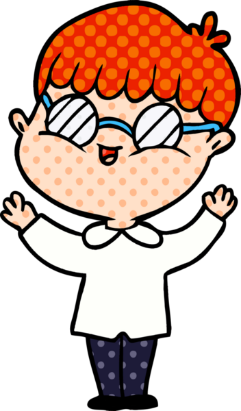 Bir insan tarafından çizilmiş gözlük takan çizgi film çocuğu.