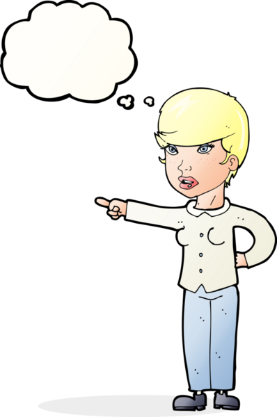 Bir insan tarafından çizilmiş düşünce baloncuğuyla suçlanan çizgi film kadını.