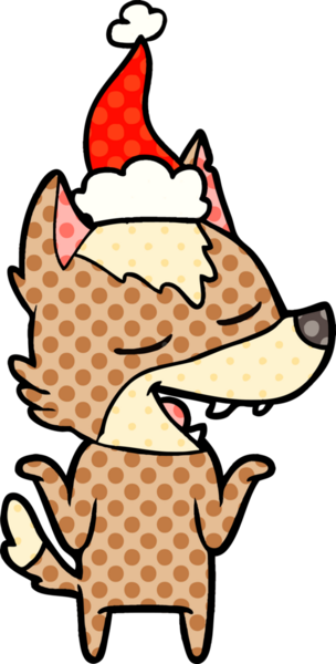 Bir insanın çizdiği Noel Baba şapkasıyla gülen bir kurdun el çizimi çizgi roman tasviri.