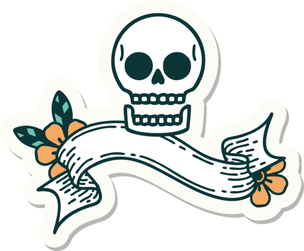 Bir insan tarafından çizilmiş kafatasının pankartıyla dövme stili etiketi