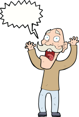 Karikatür ihtiyarı bir insan tarafından çizilen konuşma baloncuğundan korkar.