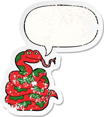 Konuşma baloncuğu olan çizgi film yılanı, bir insan tarafından çizilmiş sıkıntılı eski bir çıkartma.