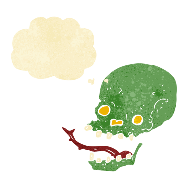 Bir insan tarafından çizilmiş düşünce baloncuklu garip kafatası.