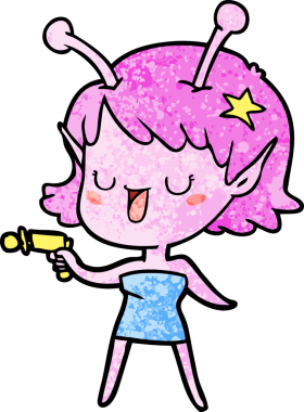 Bir insan tarafından çizilmiş mutlu uzaylı kız çizgi filmi.