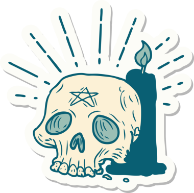 Bir dövme stili, ürkütücü kafatası ve bir insan tarafından çizilmiş mum.