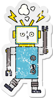 Bir insan tarafından çizilmiş sevimli bir robot çizgi film çıkartması.