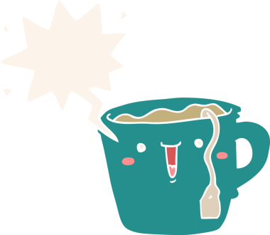 Bir insan tarafından çizilmiş eski moda konuşma baloncuklu şirin çizgi film kahve fincanı.