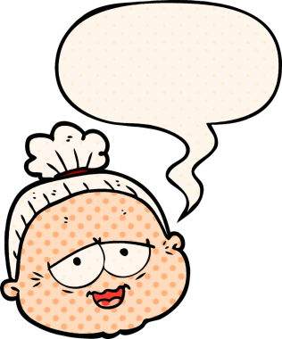 Bir insan tarafından çizilmiş çizgi roman tarzı konuşma balonu olan yaşlı bir kadın.