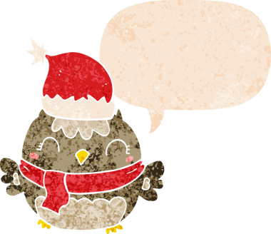 Bir insan tarafından çizilmiş grunge sıkıntılı retro stili konuşma baloncuğu ile sevimli noel baykuşu