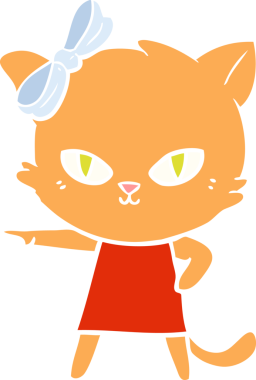 Sevimli düz renkli çizgi film kedisi bir insan tarafından çizilmiş elbise giyiyor.