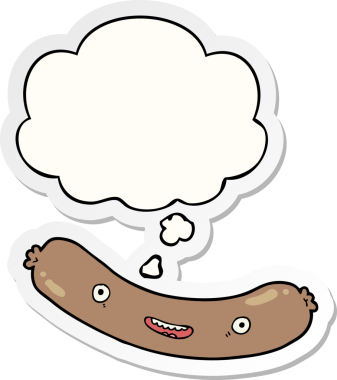 İnsan tarafından çizilmiş bir çıkartma olarak düşünce baloncuklu çizgi film sosisi.