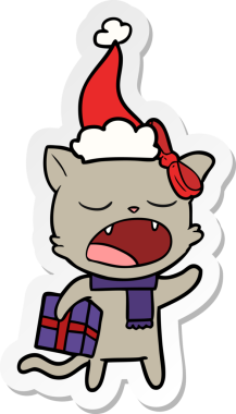 Bir insan tarafından çizilmiş Noel Baba şapkası giymiş bir kedinin el çizimi karikatürü.