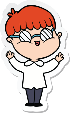 Bir insan tarafından çizilmiş gözlüklü bir çizgi film çocuğunun çıkartması.