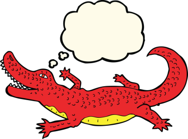 Bir insan tarafından çizilmiş düşünce baloncuklu timsah çizgi filmi.