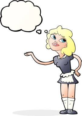 Bir insan tarafından çizilmiş düşünce balonuyla servis edilen karikatür garsonu.