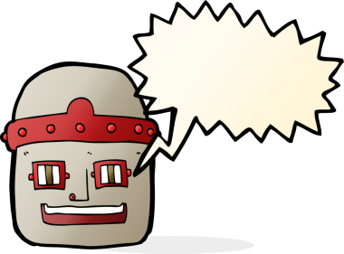 bir insan tarafından çizilmiş konuşma balonlu robot kafası.