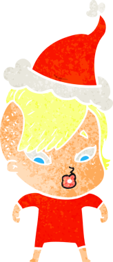 Bir insan tarafından çizilmiş Noel Baba şapkası giymiş şaşırmış bir kızın el çizimi karikatürü.