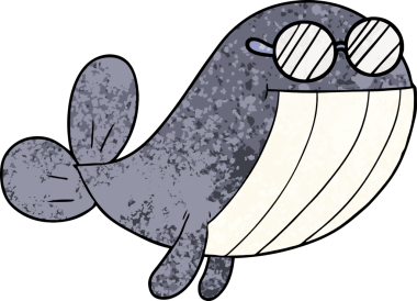 Bir insan tarafından çizilmiş gözlük takan bir balina.