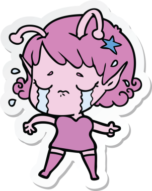 Bir insan tarafından çizilmiş ağlayan uzaylı bir kızın çıkartması.