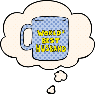 Dünyanın en iyi kocası, bir insan tarafından çizilmiş çizgi roman tarzında bir düşünce baloncuğu ile.