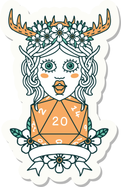 Bir insan tarafından çizilmiş doğal 20 zarlı Elf Druid karakterinin çıkartması.