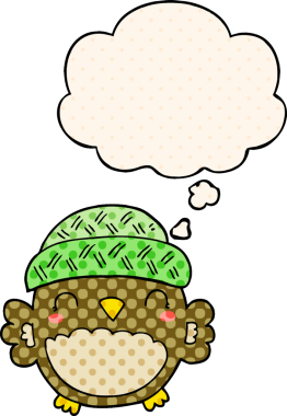 Bir insan tarafından çizilmiş çizgi roman tarzında düşünce baloncuğu olan şapkalı sevimli bir baykuş.