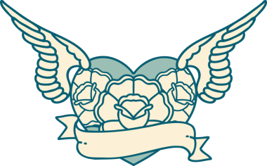 Bir insan tarafından çizilmiş çiçek ve bayrak ile uçan bir kalbin ikonik dövme görüntüsü