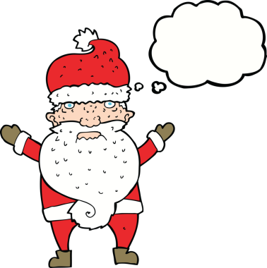 Bir insan tarafından çizilmiş düşünce baloncuklu huysuz Noel Baba çizgi filmi.