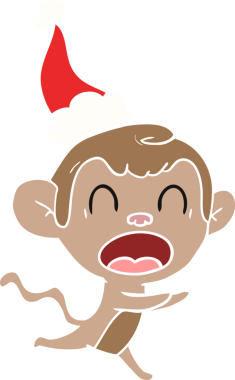 Bir insan tarafından çizilmiş Noel Baba şapkası takan bir maymunun düz renkli çizimi.