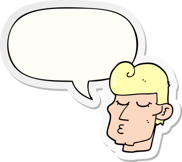 Bir insan tarafından çizilmiş konuşma balonu çıkartmalı yakışıklı bir karikatür.