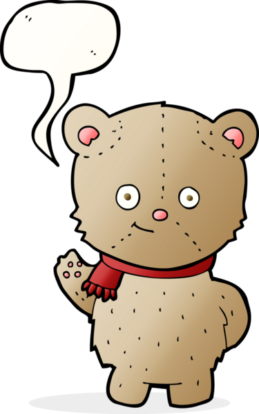 Bir insan tarafından çizilmiş konuşma balonlu oyuncak ayıyı sallayan çizgi film.