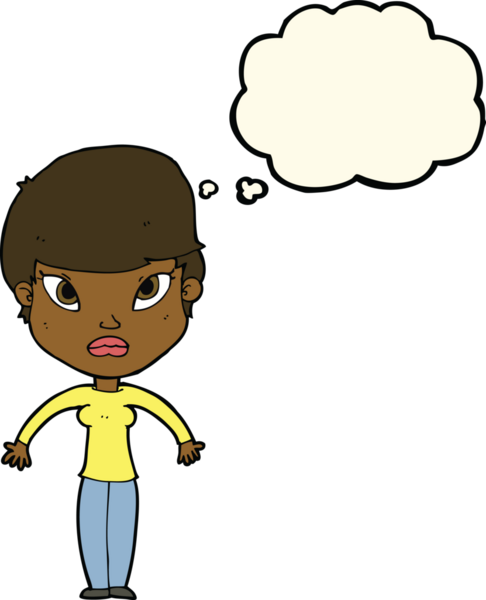 Bir insan tarafından çizilmiş düşünce baloncuğuyla omuz silken çizgi film kadını.