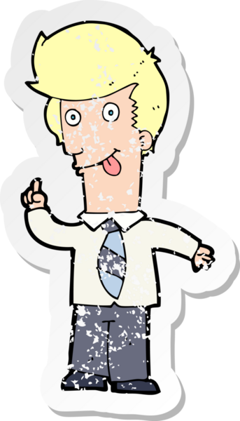 Bir insan tarafından çizilmiş çılgın bir fikri olan karikatürcü ofis adamının gerilimli retro yapıştırması.