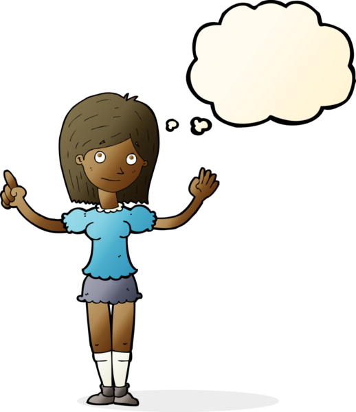 Bir insan tarafından çizilmiş düşünce baloncuğuyla fikri açıklayan çizgi film kadını.