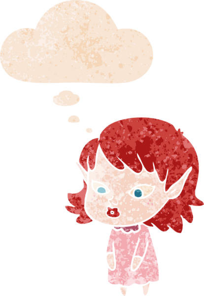 Çizgi film kızı sivri kulaklı, grunge 'da düşünce baloncuğu olan bir insan tarafından çizilmiş kederli retro tarzı olan.