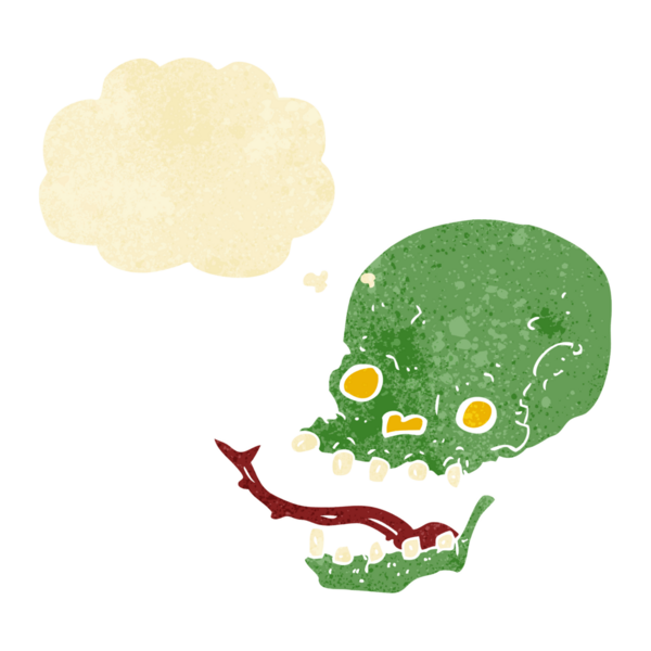 Bir insan tarafından çizilmiş düşünce baloncuklu garip kafatası.