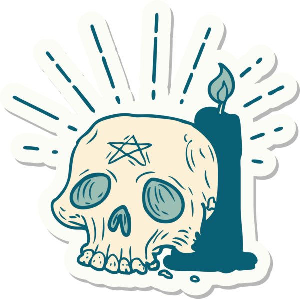 Bir dövme stili, ürkütücü kafatası ve bir insan tarafından çizilmiş mum.